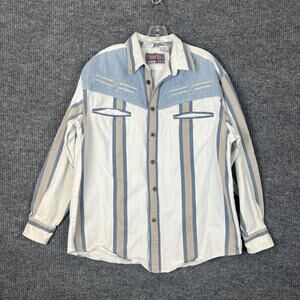 Vintage Novin Mens Mixed Denim Striped Button Up Western Shirt Size Large